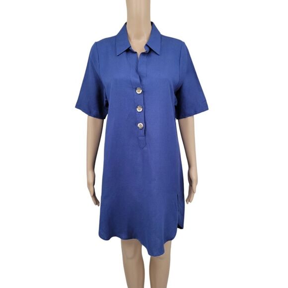 Chelsea & Theodore Blue Linen Rayon Button-Down Midi Shirt Dress Short Sleeves - Picture 1 of 12